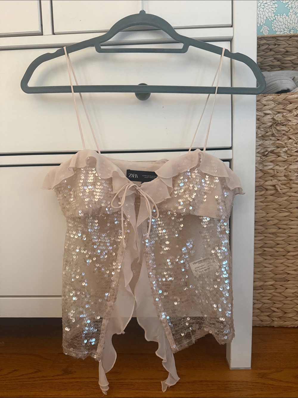 Zara Blush Sequin Ruffle Spaghetti Strap Top